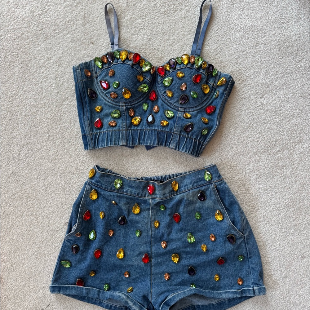 ***Brand New*** Dolls Kill Rainbow Embellished Denim Crop Top and Shorts Set